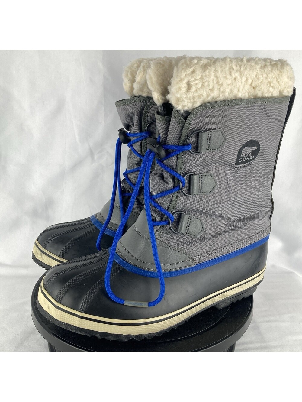 Youth 7 Sorel Winter Duck Boots Waterproof Grey Blue Faux Fur Fleece Lined Snow